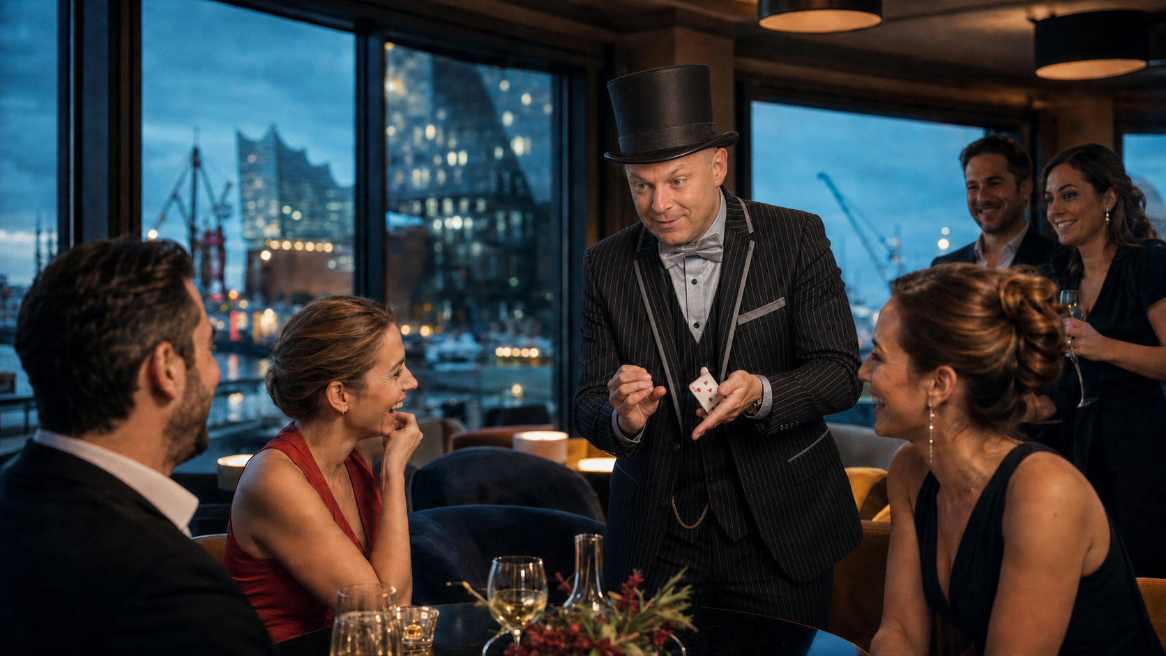 Zauberer Bobby Wenzing unterhält Gäste bei einem eleganten Event in Hamburg