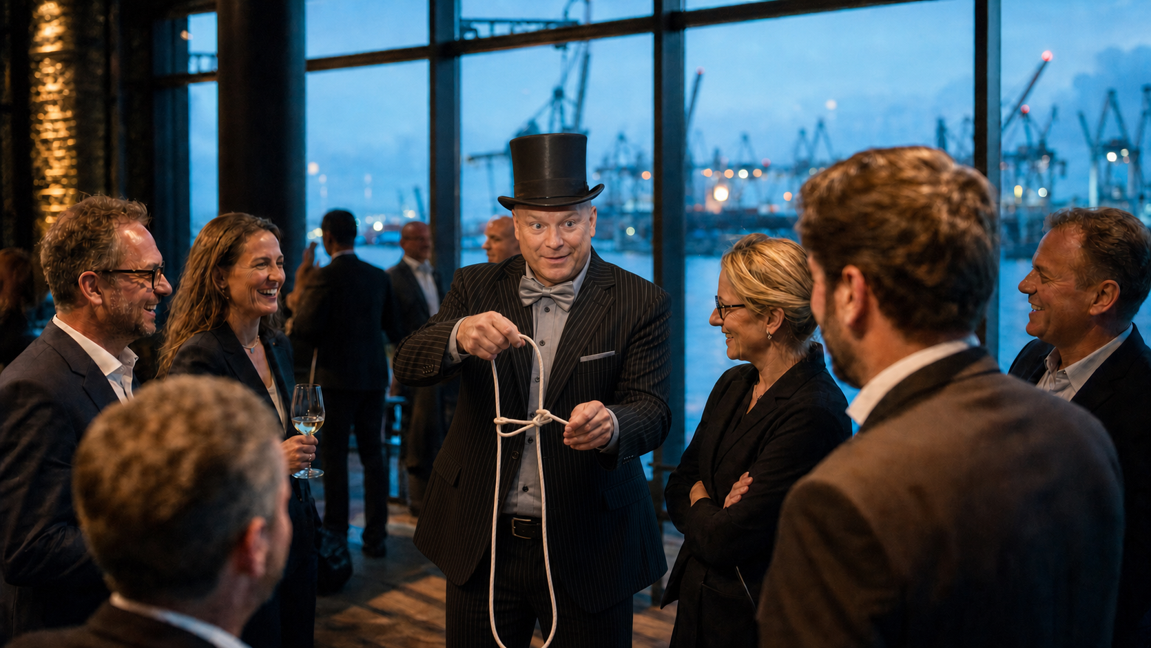 Zauberer Bobby Wenzing verbindet Gäste mit einem Seilkunststück bei einem Networking-Event
