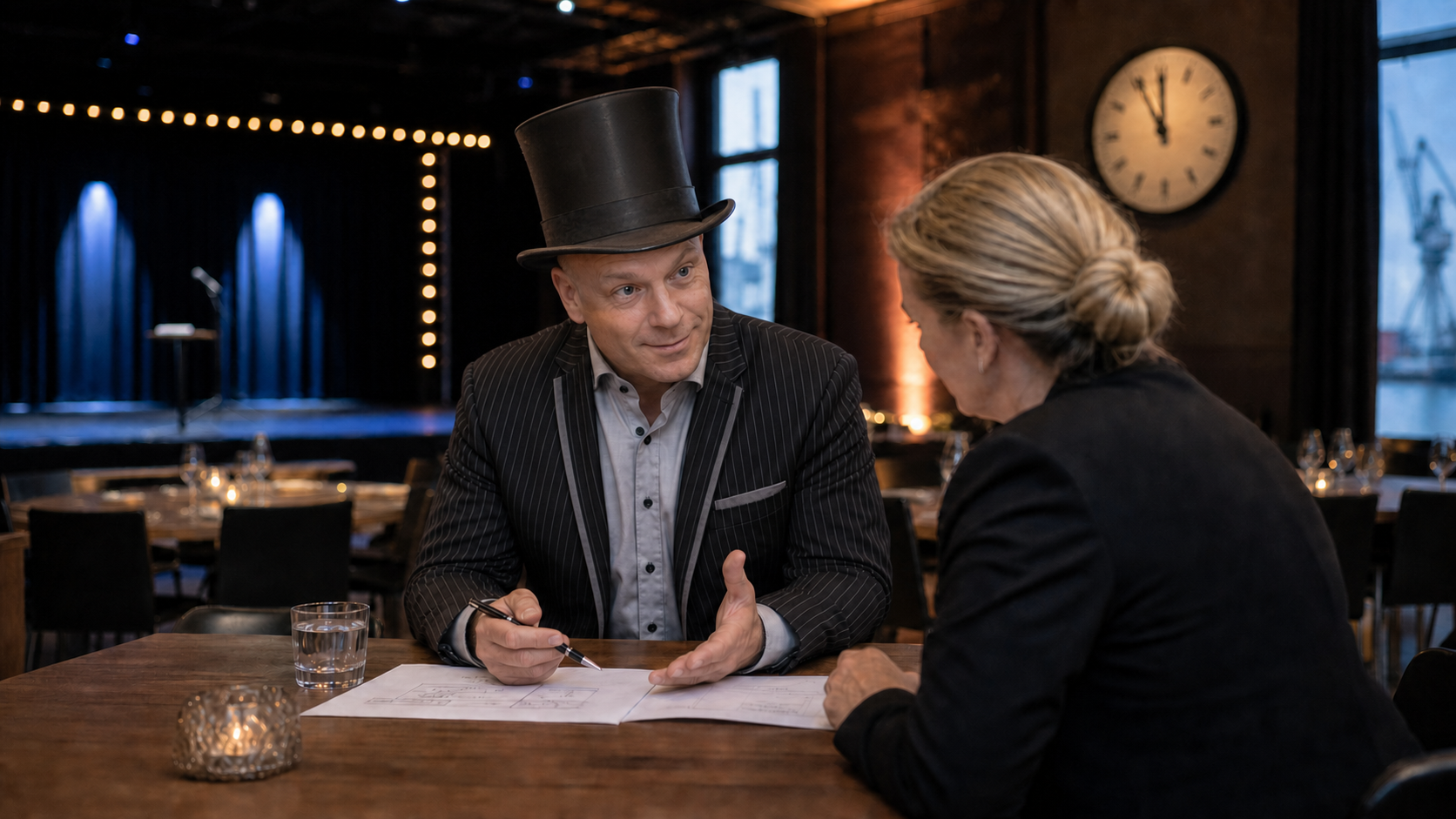 Zauberer Bobby Wenzing bespricht mit einer Veranstalterin Ablauf und Aufwand einer Show