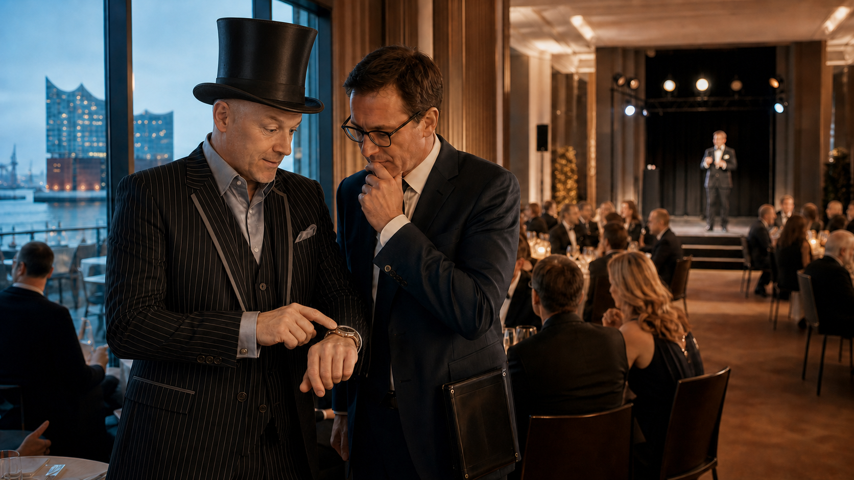 Bobby Wenzing und Veranstaltungsleiter prüfen den richtigen Zeitpunkt für eine Show