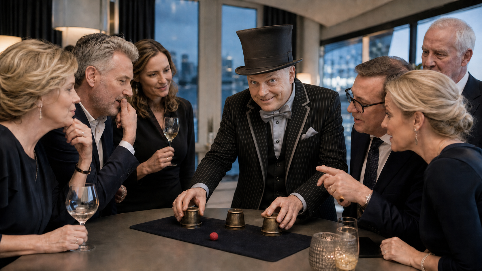 Bobby Wenzing zeigt Gästen professionelles Hütchenspiel mit Bechern und Ball
