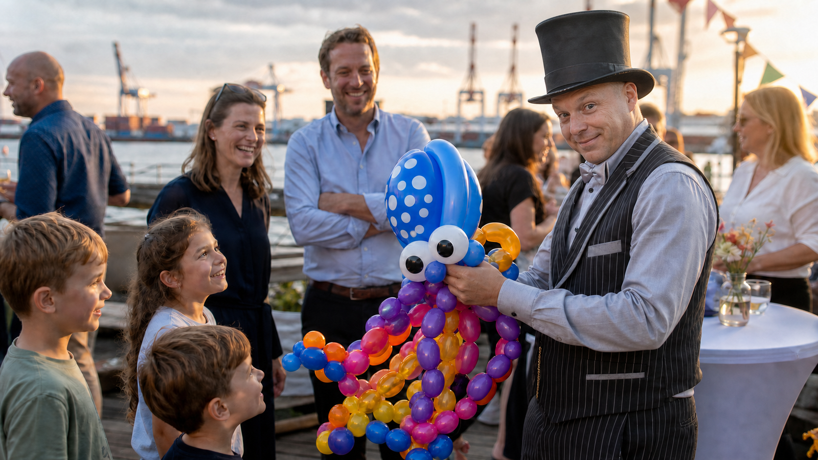 Ballonkünstler Bobby Wenzing modelliert eine bunte Ballonfigur bei einem Familienfest