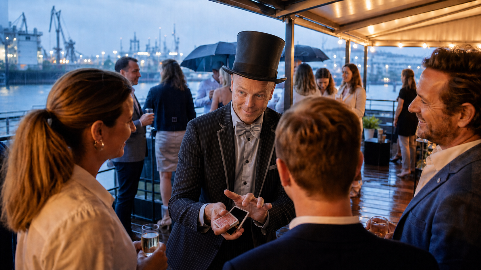 Bobby Wenzing zaubert beim Hamburger Sommerfest unter einer regengeschützten Terrasse